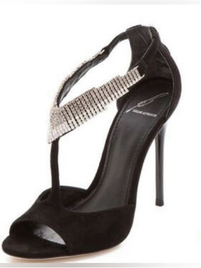 Brian Atwood Floretto Black Suede Rhinestone Detail T Strap Heels Size 8.5